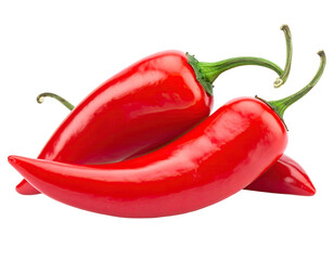 Three vibrant, glossy red chili peppers with green stems, arranged on a dark, transparent background