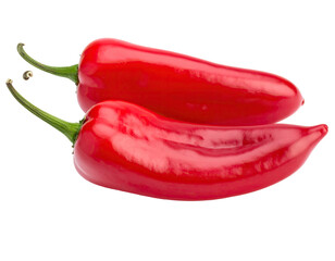 Two vibrant red chili peppers, positioned overlapping on a stark black backdrop