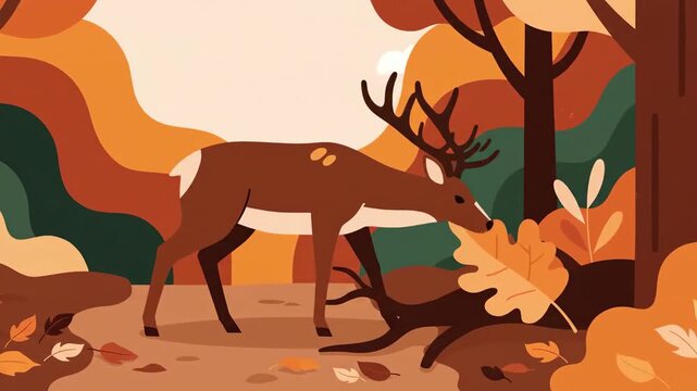 Animated Deer Roaming Through Autumnal Woodland Scenery, Calm Nature Journey Illustration
