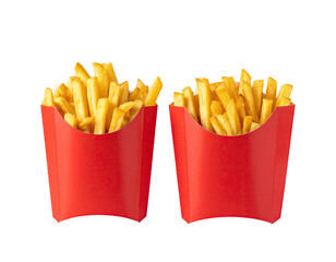 Two red paper containers overflowing with golden fried potato strips, on a solid black background