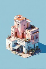 Isometric view of a colorful multi-story building with balconies, rooftops, and plants