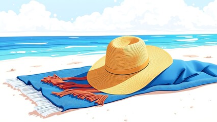 Blue Towel and Hat on Summer Beach