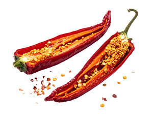 Two halves of a vibrant red chili pepper, showcasing seeds and texture, on black background