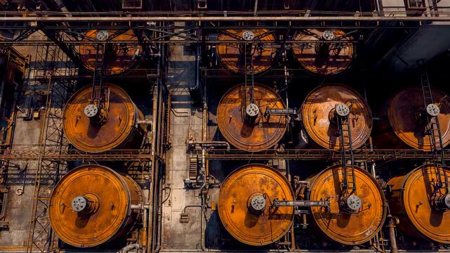 Industrial machinery with large orange flywheels pulleys belts valves pipes in heavy mechanical factory interior