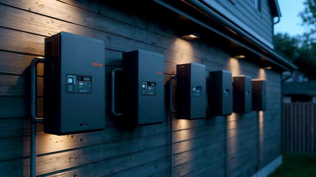 Row of modern electric vehicle charging stations mounted on wooden house wall illuminated by warm spotlights at dusk