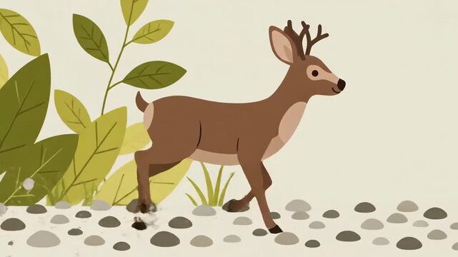 Animated Deer Walking Through A Calm Forest With Foliage Cartoon Style Illustration