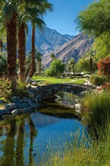 Fototapeta premium Scenic oasis with a stone bridge over a serene pond, palm trees, and mountain backdrop