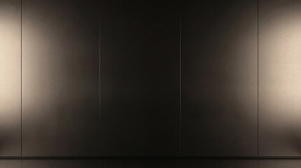 Abstract architectural background featuring dark brushed metal panels dramatically illuminated by warm spotlights casting subtle vertical reflections across the surface textures