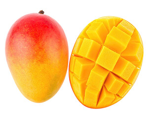 A vibrant mango, whole and halved, reveals a diced inside, set against a transparent background