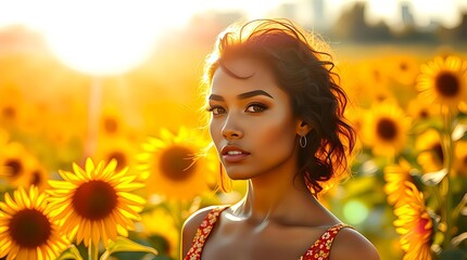 Beautiful Woman in Sunflower Field at Golden Hour
