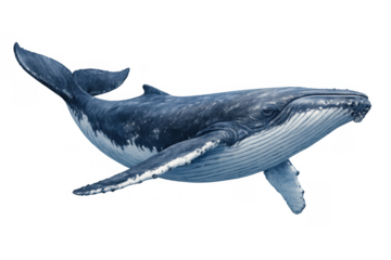 Humpback whale swimming, marine life mammal, aquatic animal isolated on transparent background cutout