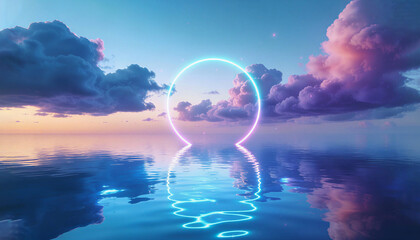 Surreal seascape with a glowing neon ring above calm water, mirrored reflection on the ocean surface, soft clouds at sunset, futuristic and dreamy atmosphere.