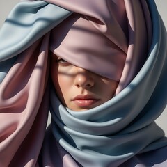 Dreamy portrait with smooth fabric waves wrapping around the face, tactile sensation, soft shadows, artistic mood
