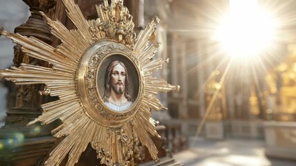 Sacred representation of Jesus Christ within a radiant golden monstrance, bathed in divine light within an opulent sacred space.