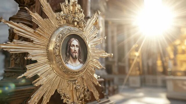 Sacred representation of Jesus Christ within a radiant golden monstrance, bathed in divine light within an opulent sacred space.