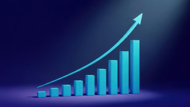 Abstract 3 d bar graph with upward arrow representing growth and success