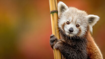 Adorable red panda with expressive eyes, holding bamboo, set against a blurred autumn background