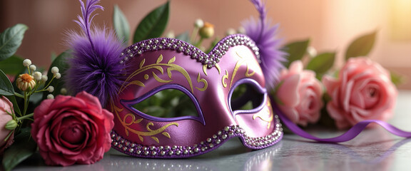Colorful purple masquerade mask with flowers on a soft background  
