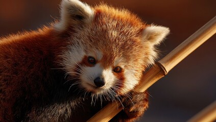 A fluffy, red-brown mammal with big eyes clinging to a bamboo stalk, soft focus background