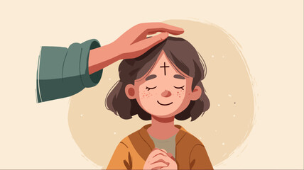 Smiling child with ash cross on forehead representing Ash Wednesday, Christian upbringing, Lent spirituality, faith education, and religious family values illustration.