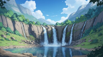 Serene waterfall cascading down rocky cliffside into tranquil lake