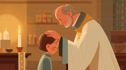 Priest blessing child during Ash Wednesday ceremony inside church representing Catholic faith, Lent tradition, spirituality, and religious education background.