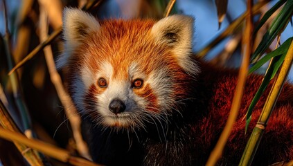 A furry, red-orange animal with a white face peeks from bamboo stalks, lit softly