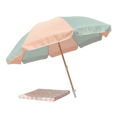 Pastel beach umbrella with transparent background white trim and checkered mat isolated on a transparent background