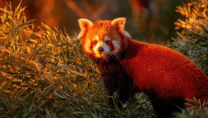 A red panda, illuminated by warm sunlight, rests among lush green foliage