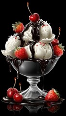 A sundae with vanilla ice cream, chocolate sauce, cherries, and strawberries in a dish