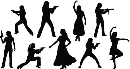 Female action silhouettes holding guns and pistols, dynamic poses and movement, isolated black vector illustration for action, defense, cinema, and concept design