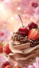 Chocolate swirl dessert with berries, sprinkles, & flowers against a bokeh background