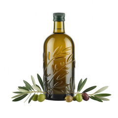 Luxury olive oil bottle with embossed leaves and olives on transparent... isolated on a transparent background