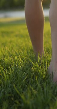 Barefoot legs move slowly across green grass at sunset. Barefoot touch with nature. Walking barefoot and calm mood. Warm light. Summer relaxation, wellness and natural lifestyle. Close up, vertical.