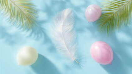 Blue background with tropical leaves, balloons, and a fluffy feather