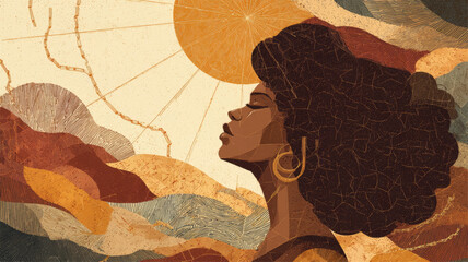 Stylized African American woman portrait celebrating Black History Month, female empowerment, cultural heritage, resilience, identity, and diversity representation background.