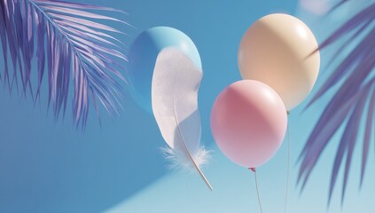 Floating balloons of different colors near a large feather with palm fronds in the background