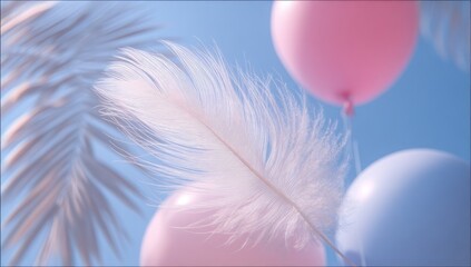 A soft feather floats with pink and blue balloons against a light blue backdrop, foliage nearby