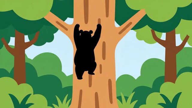 Animated Forest Adventure Featuring Bear Climbing Trees On Seamless Loop Sequence