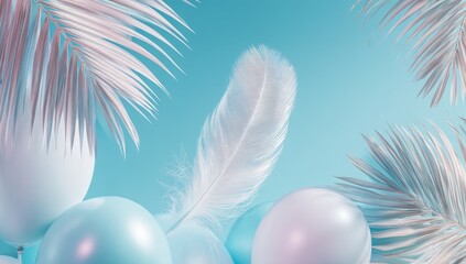 Soft, ethereal composition with pastel balloons, feather, and palm leaves against a blue backdrop