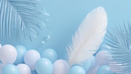 Soft blue pastel scene with balloons, large feather, and leaves; light airy feel