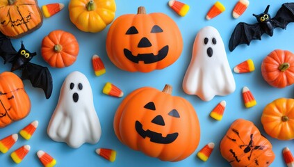 Overhead shot of Halloween decorations, pumpkins, ghosts, bats, and candy on blue background