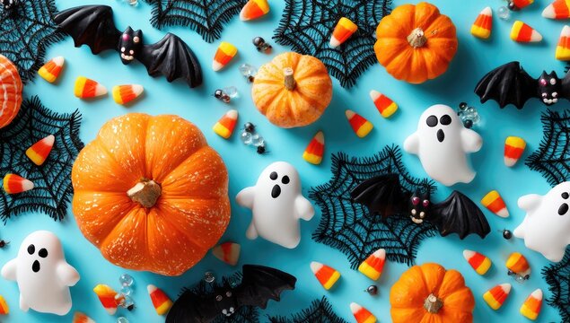 Overhead shot of Halloween treats like pumpkins, ghosts, bats, candy corn, & webs on a blue surface