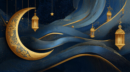 Elegant crescent moon and mosque illustration celebrating first day of Ramadan, Islamic spirituality, holy month beginning, and decorative religious background design.