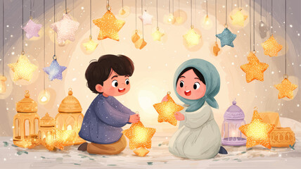 Children holding glowing lanterns during first day of Ramadan illustrating warmth, faith, family togetherness, and peaceful Islamic holiday night atmosphere.