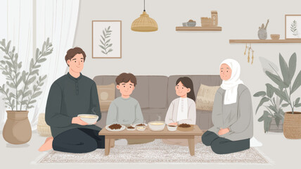 Muslim family sharing iftar meal on first day of Ramadan representing faith, togetherness, tradition, and warm Islamic lifestyle celebration background.