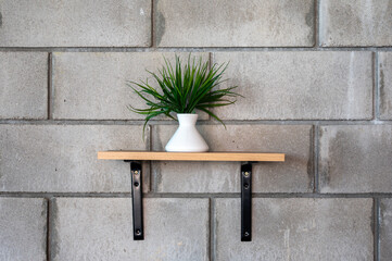 Modern interior design with a green plant in a white vase on a wooden shelf against a grey cinder block wall.