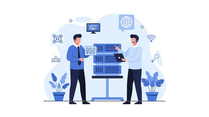 IT professionals working with server rack and network equipment, data center concept