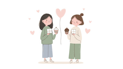 Two girls exchanging cards and cupcakes celebrating Galentine&rsquo;s Day, friendship, kindness, self love, and joyful feminine connection illustration.