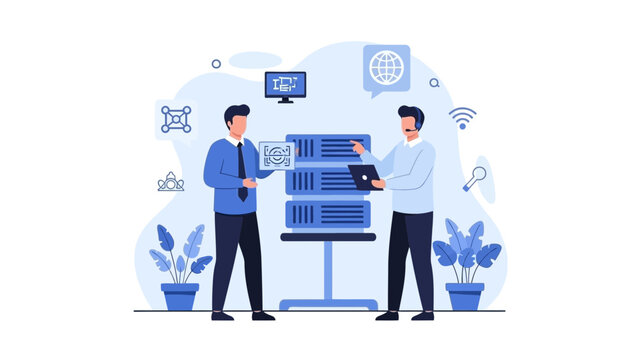 IT professionals working with server rack and network equipment, data center concept - Powered by Adobe